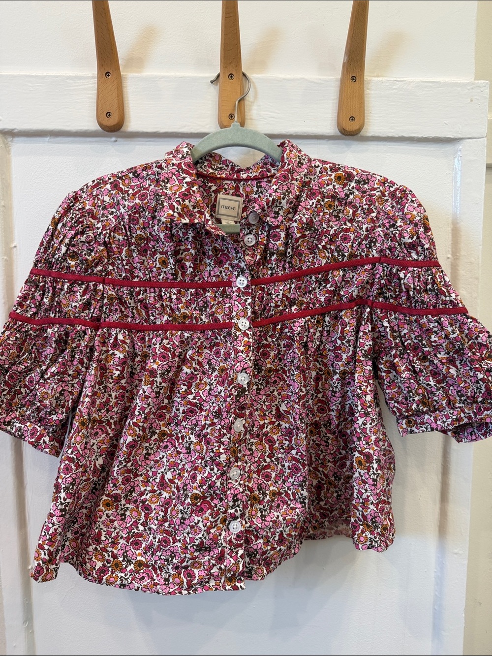Anthropologie Maeve Button-Front Blouse with Red Satin Trim
